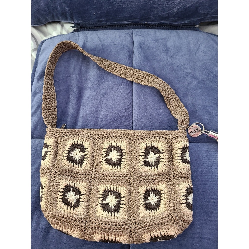 The Sak Crocheted Granny Square Shoulder Bag,  in brown and tan colorblocks